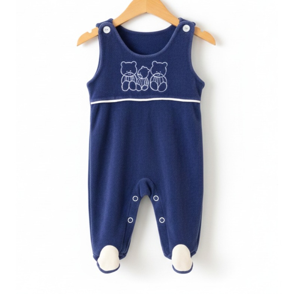 VTG Kessler Baby 80s 90s‎ Footed Sleeper Overalls Bear Blue Velour 3-6 Months